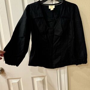 Anthropologie Maeve Becca Linen Blend Square Neck Puff Sleeve Black Blouse Sz. 4